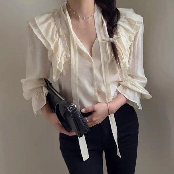 長袖Vネックフリルブラウス 6493-画像3-韓国ファッション通販POPREA［ポップリア］