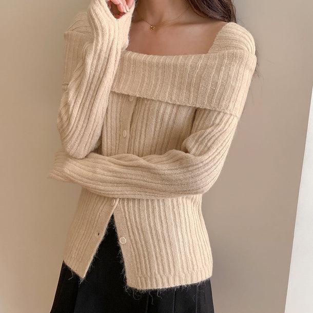 オフショルダーロングスリーブタイトリブニット﻿ 6152-画像3-韓国ファッション通販POPREA［ポップリア］