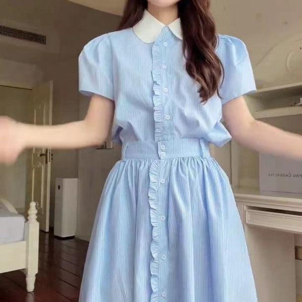 ストライプフリルボタンシャツ＆スカート 6125-画像4-韓国ファッション通販POPREA［ポップリア］