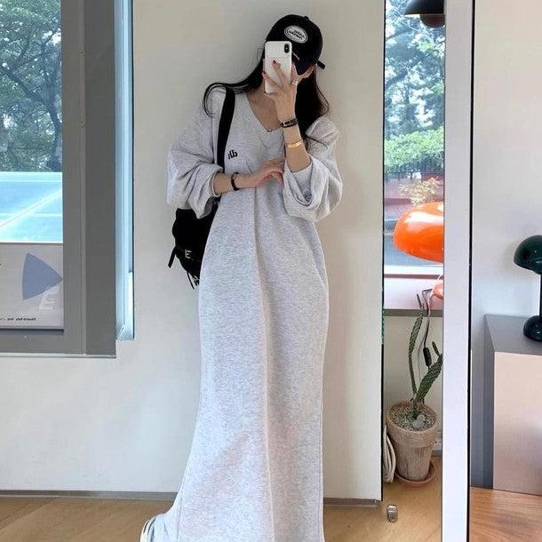 Vネックポイントロゴスエットワンピース﻿ 6207-画像4-韓国ファッション通販POPREA［ポップリア］