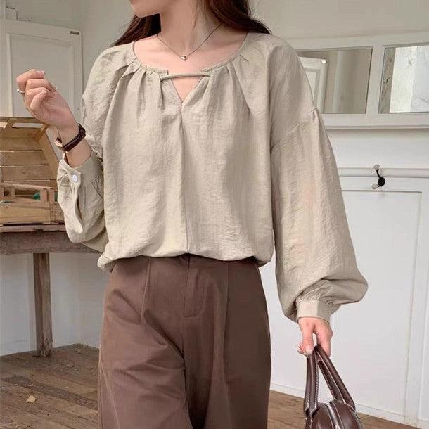 Vネックベーシック長袖ブラウス﻿ 6229-画像4-韓国ファッション通販POPREA［ポップリア］