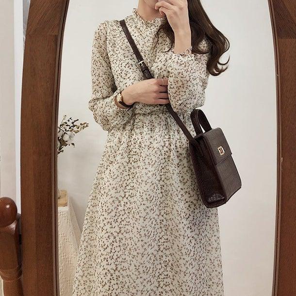 バックリボン小花柄ロングワンピ‐ス 6586-画像4-韓国ファッション通販POPREA［ポップリア］