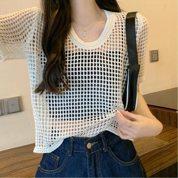透かし編みクロップドサマーニット 6072-画像4-韓国ファッション通販POPREA［ポップリア］