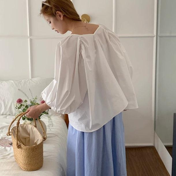 バルーンスリーブVネックブラウス 6018-画像4-韓国ファッション通販POPREA［ポップリア］