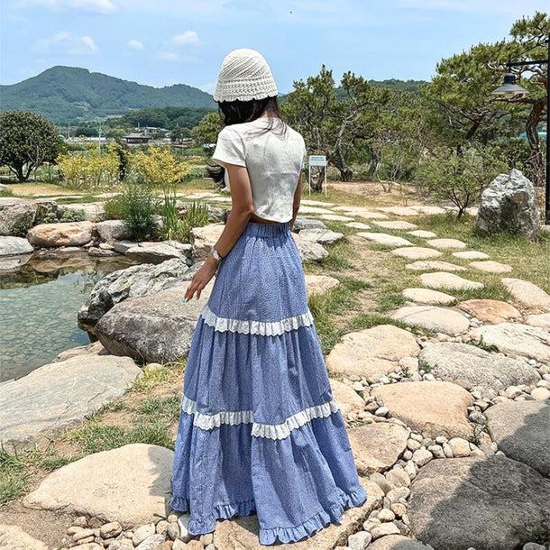 レースラインチェックロングスカート 6126-画像4-韓国ファッション通販POPREA［ポップリア］