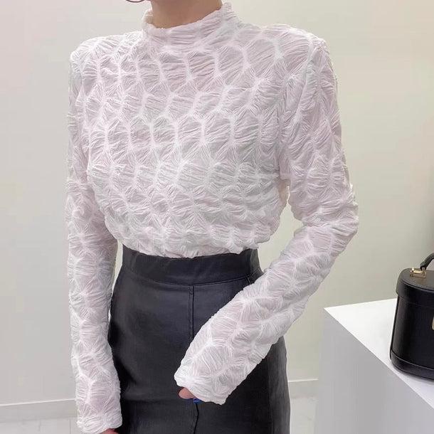 ウェーブパターンシアーハイネックトップス 6159-画像4-韓国ファッション通販POPREA［ポップリア］