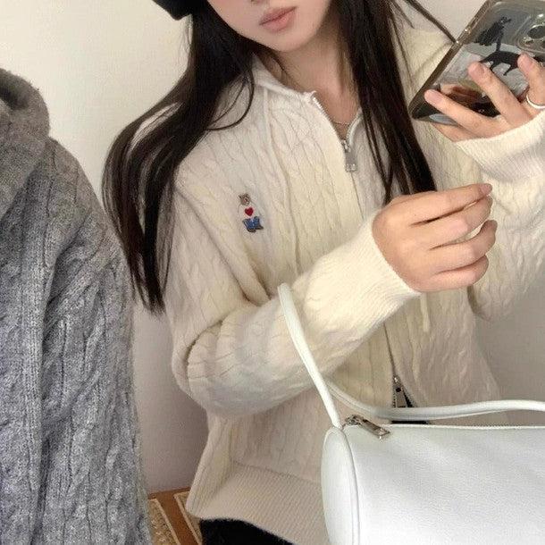 ポイントベアフード付きジッパーケーブルニット 6243-画像4-韓国ファッション通販POPREA［ポップリア］