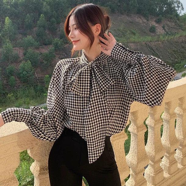 千鳥柄ボウタイブラウス 6292-画像4-韓国ファッション通販POPREA［ポップリア］