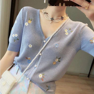 Vネック刺繍フラワーカーディガン 6142-画像4-韓国ファッション通販POPREA［ポップリア］
