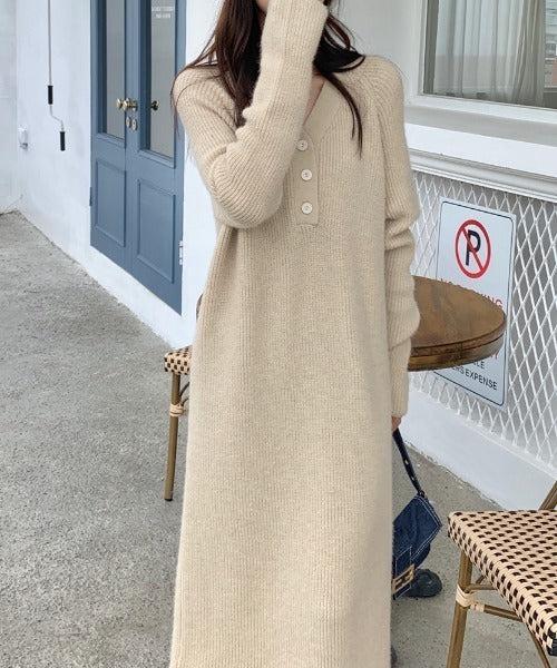 Vネックボタンリブニットワンピース 6334-画像4-韓国ファッション通販POPREA［ポップリア］