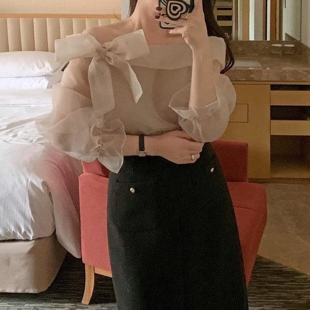 オフショルダーシアーブラウス 6452-画像4-韓国ファッション通販POPREA［ポップリア］