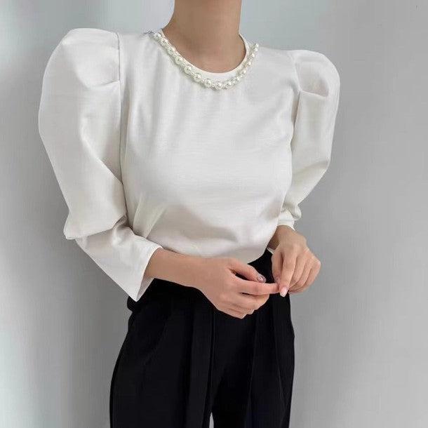 パール調ラウンドネックブラウス 6434-画像4-韓国ファッション通販POPREA［ポップリア］