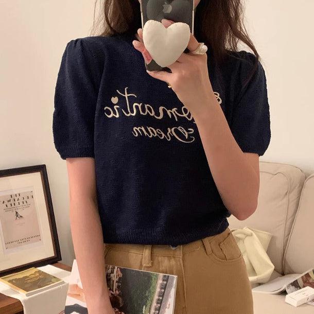 刺繍ロゴパフスリーブニット 6135-画像4-韓国ファッション通販POPREA［ポップリア］