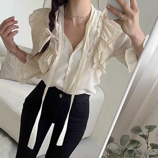 長袖Vネックフリルブラウス 6493-画像4-韓国ファッション通販POPREA［ポップリア］