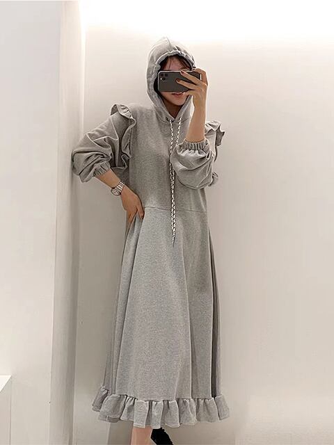 フリルカジュアルロングワンピース 6156-画像4-韓国ファッション通販POPREA［ポップリア］