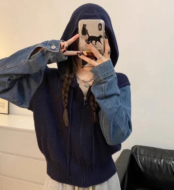 ジッパーセーターデニムジャケット 6130-画像4-韓国ファッション通販POPREA［ポップリア］