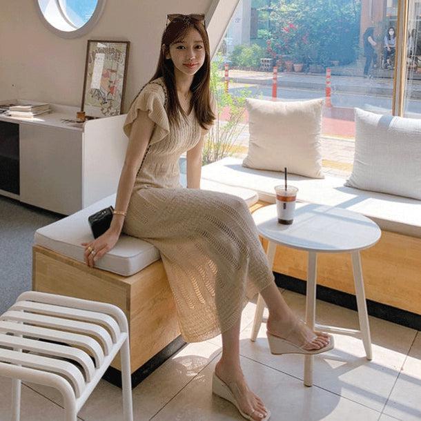 クロシェ編みVネックニットワンピース 6780-画像4-韓国ファッション通販POPREA［ポップリア］