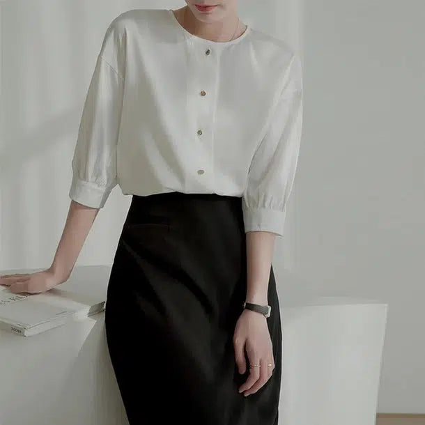 ゴールドボタン七分袖ブラウス﻿﻿ 6049-画像4-韓国ファッション通販POPREA［ポップリア］