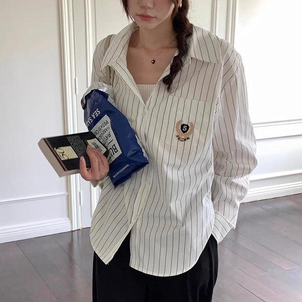 エンブレム刺繍ストライプシャツ 6177-画像4-韓国ファッション通販POPREA［ポップリア］