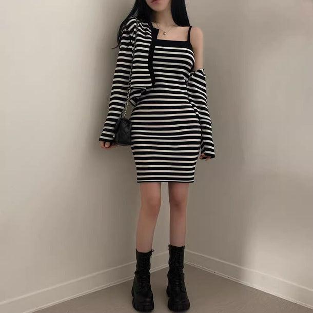 ボーダーキャミタイトワンピース＆カーディガン﻿ 6132-画像4-韓国ファッション通販POPREA［ポップリア］
