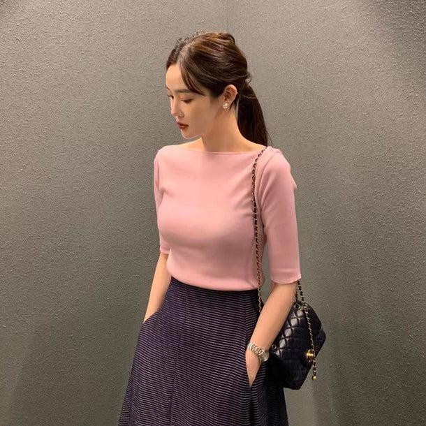 5分袖ボートネックニット 6000-画像4-韓国ファッション通販POPREA［ポップリア］