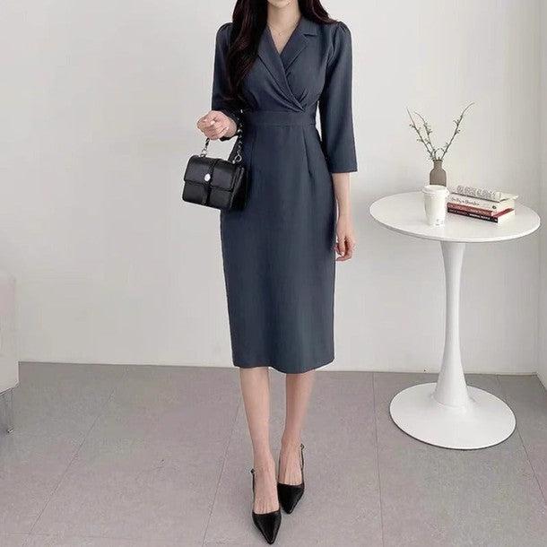 テーラードカラー7分袖ワンピース 6374-画像4-韓国ファッション通販POPREA［ポップリア］