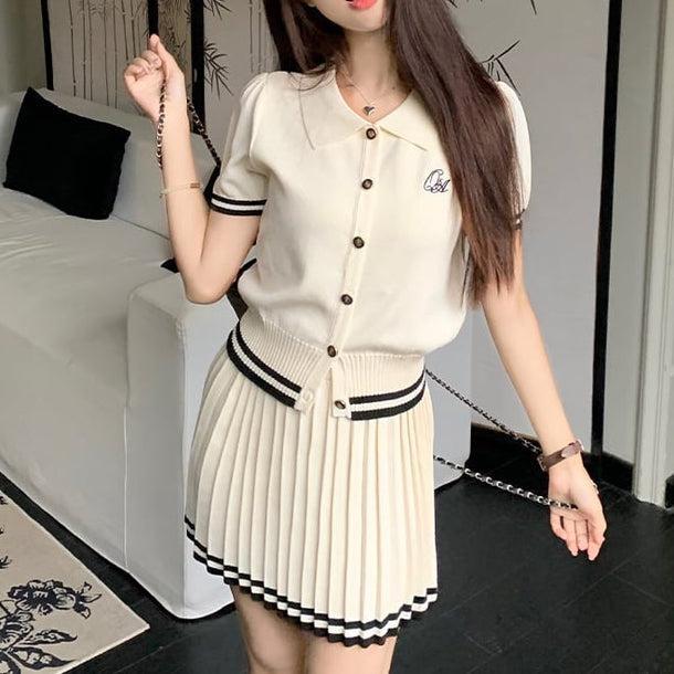 POLOニット＆ショートプリーツニットスカート﻿ 6109-画像4-韓国ファッション通販POPREA［ポップリア］