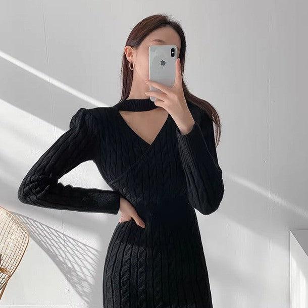 Vネックニットツイストワンピース 6384-画像4-韓国ファッション通販POPREA［ポップリア］