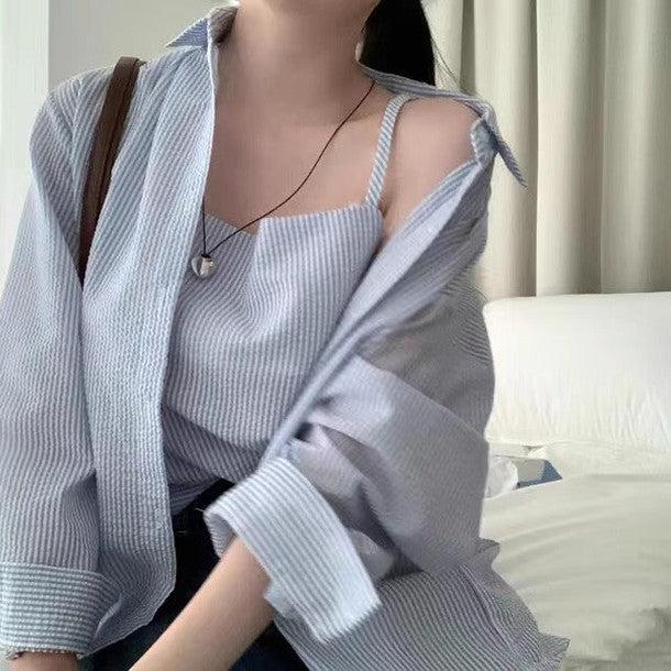 シアサッカーストライプルーズシャツ&キャミソール 6483-画像4-韓国ファッション通販POPREA［ポップリア］