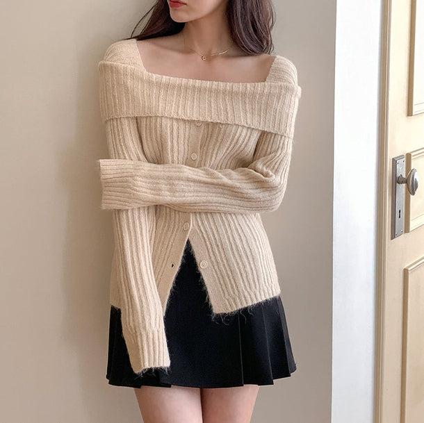 オフショルダーロングスリーブタイトリブニット﻿ 6152-画像5-韓国ファッション通販POPREA［ポップリア］