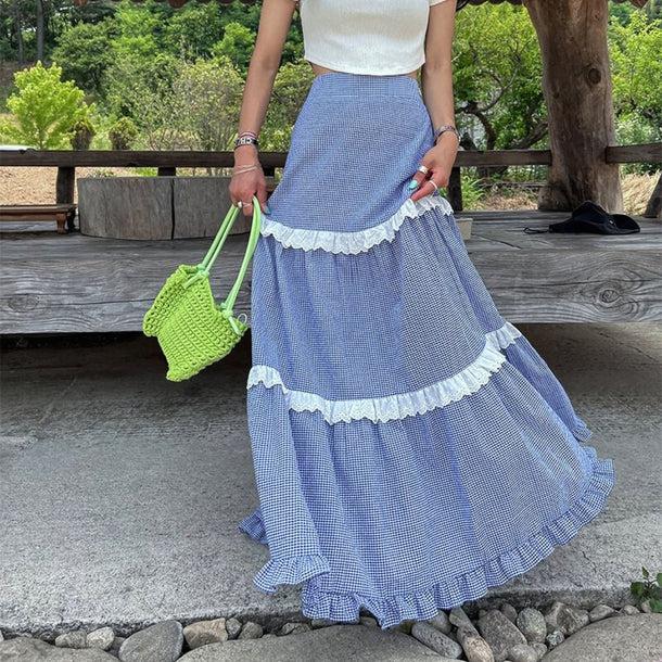 レースラインチェックロングスカート 6126-画像5-韓国ファッション通販POPREA［ポップリア］