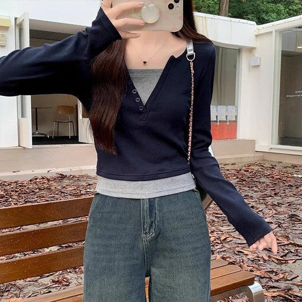 シンプルスリムクロップドロングスリーブTEE 6507-画像5-韓国ファッション通販POPREA［ポップリア］