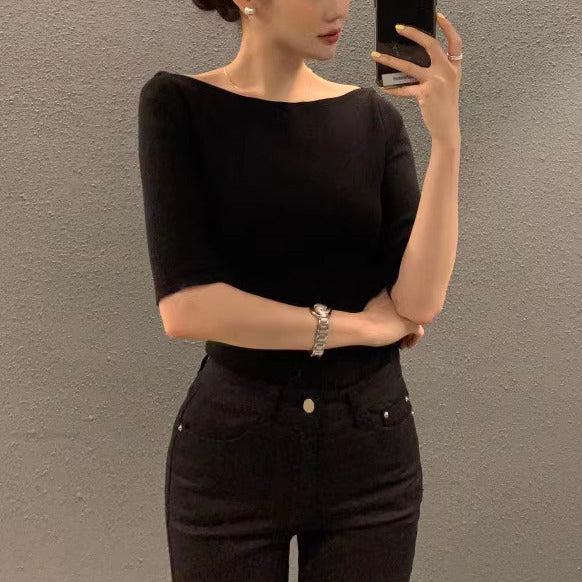 5分袖ボートネックニット 6000-画像5-韓国ファッション通販POPREA［ポップリア］