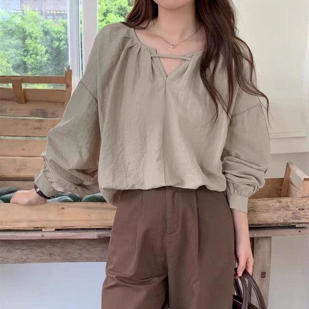 Vネックベーシック長袖ブラウス﻿ 6229-画像5-韓国ファッション通販POPREA［ポップリア］