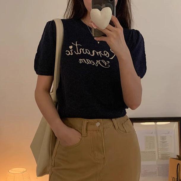 刺繍ロゴパフスリーブニット 6135-画像5-韓国ファッション通販POPREA［ポップリア］