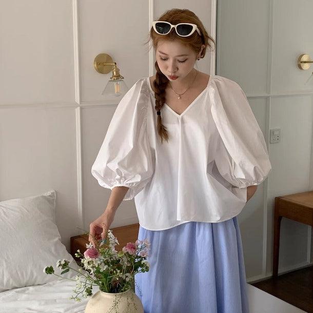 バルーンスリーブVネックブラウス 6018-画像5-韓国ファッション通販POPREA［ポップリア］