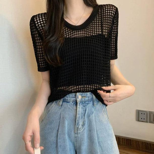 透かし編みクロップドサマーニット 6072-画像5-韓国ファッション通販POPREA［ポップリア］