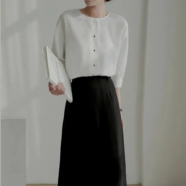 ゴールドボタン七分袖ブラウス﻿﻿ 6049-画像5-韓国ファッション通販POPREA［ポップリア］