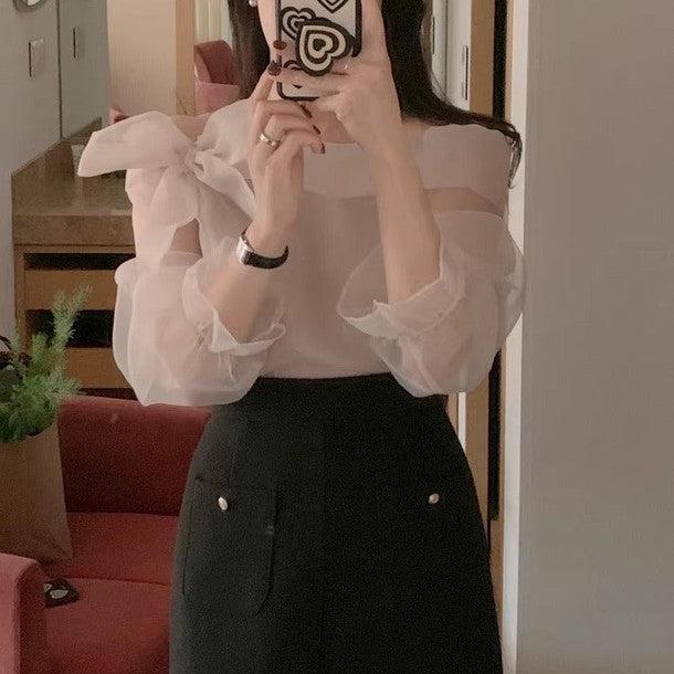 オフショルダーシアーブラウス 6452-画像5-韓国ファッション通販POPREA［ポップリア］