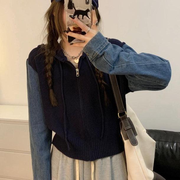 ジッパーセーターデニムジャケット 6130-画像5-韓国ファッション通販POPREA［ポップリア］