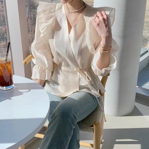 バブルスリーブフリルシフォンブラウス 6494-画像5-韓国ファッション通販POPREA［ポップリア］