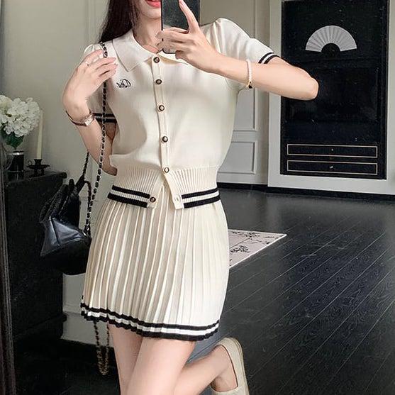 POLOニット＆ショートプリーツニットスカート﻿ 6109-画像5-韓国ファッション通販POPREA［ポップリア］