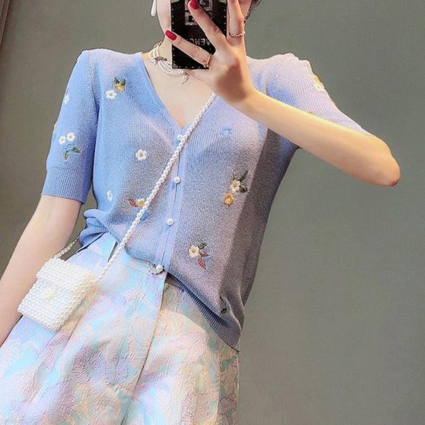 Vネック刺繍フラワーカーディガン 6142-画像5-韓国ファッション通販POPREA［ポップリア］