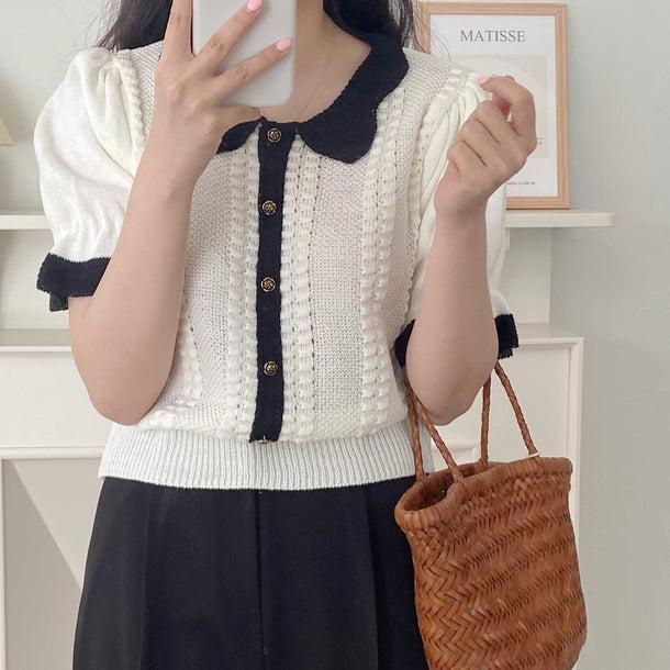 スリムフィットパフスリーブニットカーディガン 5998-画像5-韓国ファッション通販POPREA［ポップリア］