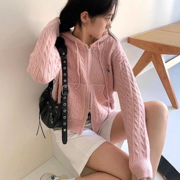 ポイントベアフード付きジッパーケーブルニット 6243-画像5-韓国ファッション通販POPREA［ポップリア］