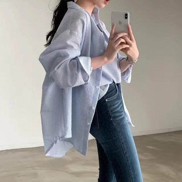 シアサッカーストライプルーズシャツ&キャミソール 6483-画像5-韓国ファッション通販POPREA［ポップリア］