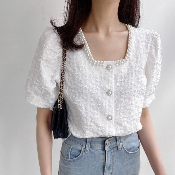 スクエアカラーパールパフスリーブシャツ 5994-画像5-韓国ファッション通販POPREA［ポップリア］