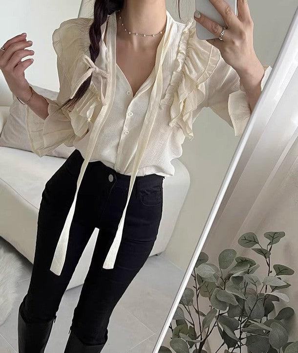 長袖Vネックフリルブラウス 6493-画像5-韓国ファッション通販POPREA［ポップリア］