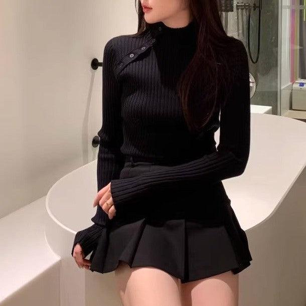 斜めボタンタートルネックリブニット﻿ 6441-画像5-韓国ファッション通販POPREA［ポップリア］