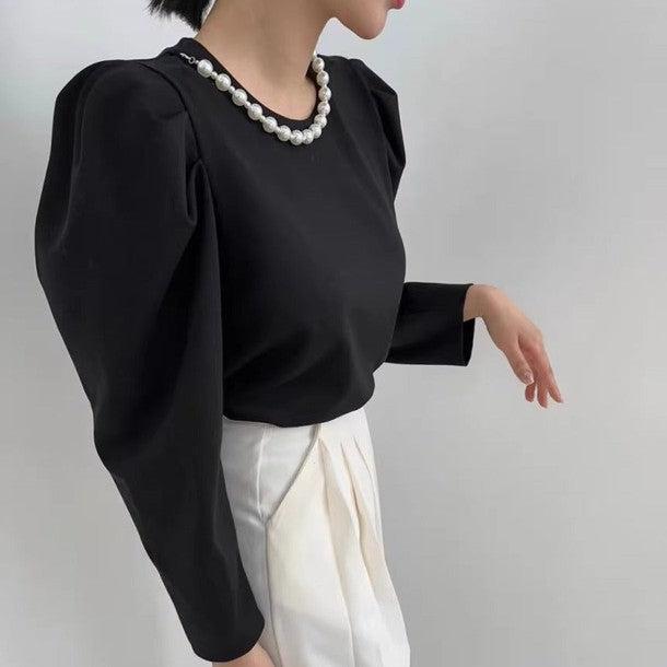 パール調ラウンドネックブラウス 6434-画像6-韓国ファッション通販POPREA［ポップリア］